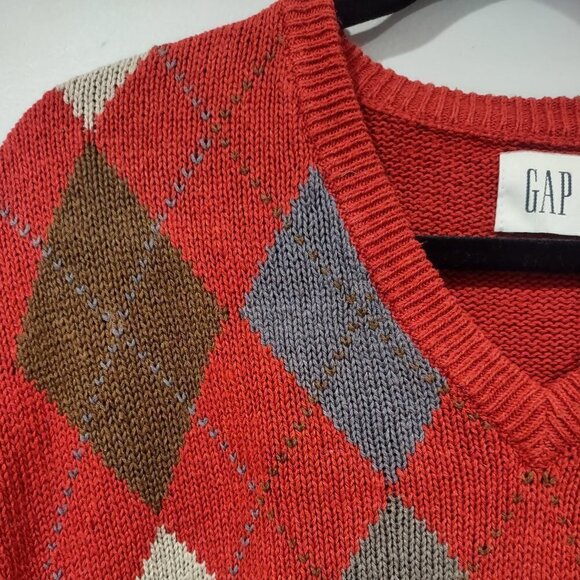 GAP Men's Red Orange Argyle Cotton/Linen Sweater Size M - Picture 4 of 4